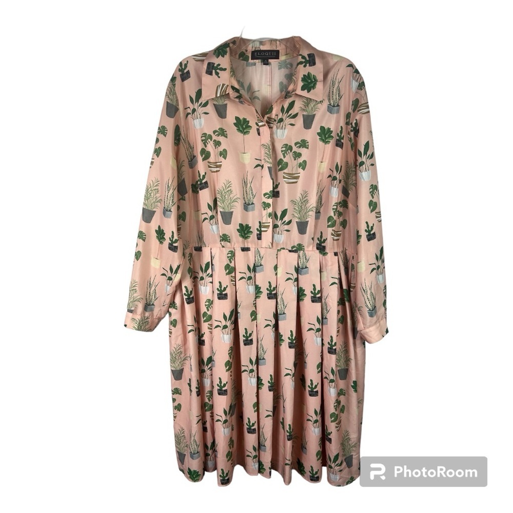 Eloquii Pink and Green Notched Collar Midi Dress